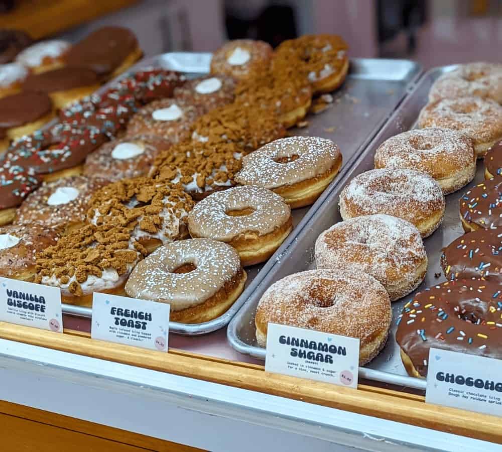 a glass case filled with rows of vegan donuts covered in chocolate, peanut butter, and powdered sugar at dough joy in seattle