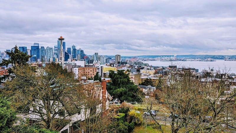 view of seattle skyline on a cloudy day in december from kerry park in seattle