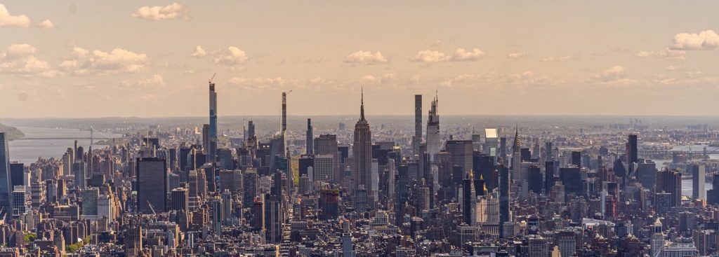 new york city skyline at sunset