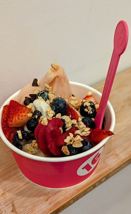 vegan soft serve ice cream in a red cup topped with strawberries, blueberries and nuts at 16 handles in nyc
