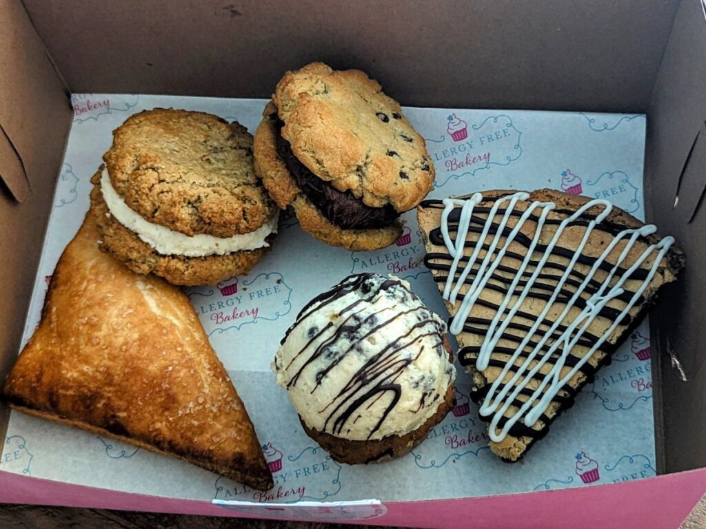 box of vegan and gluten free pastries and cookies from a vegan bakery in nyc