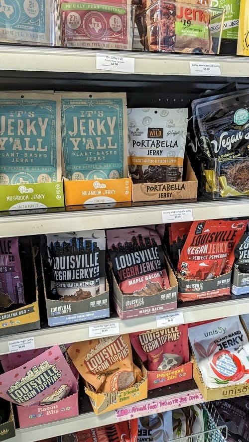 display of vegan jerky products at rabbitt grocery in austin
