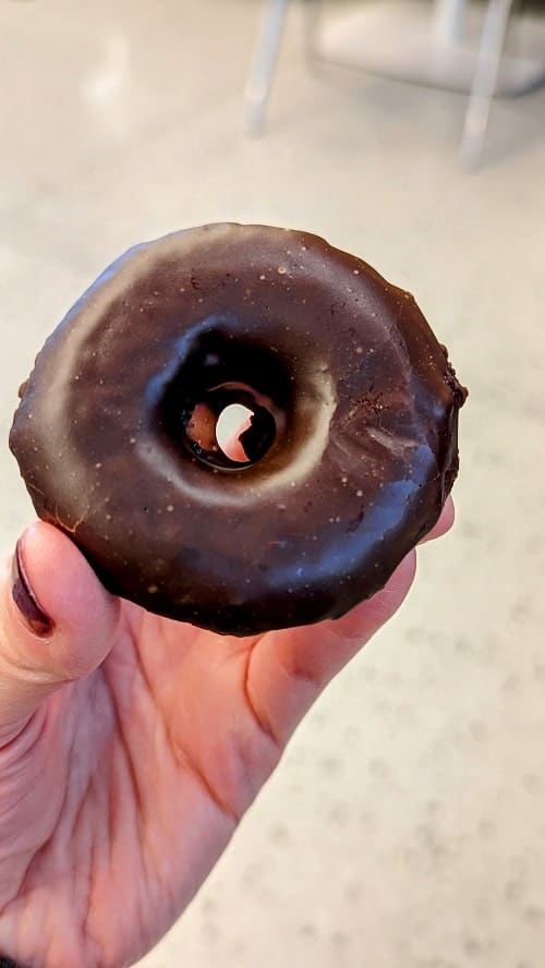 mini chocolate vegan donut covered in fudge from the vegan bakery mr. natural in austin