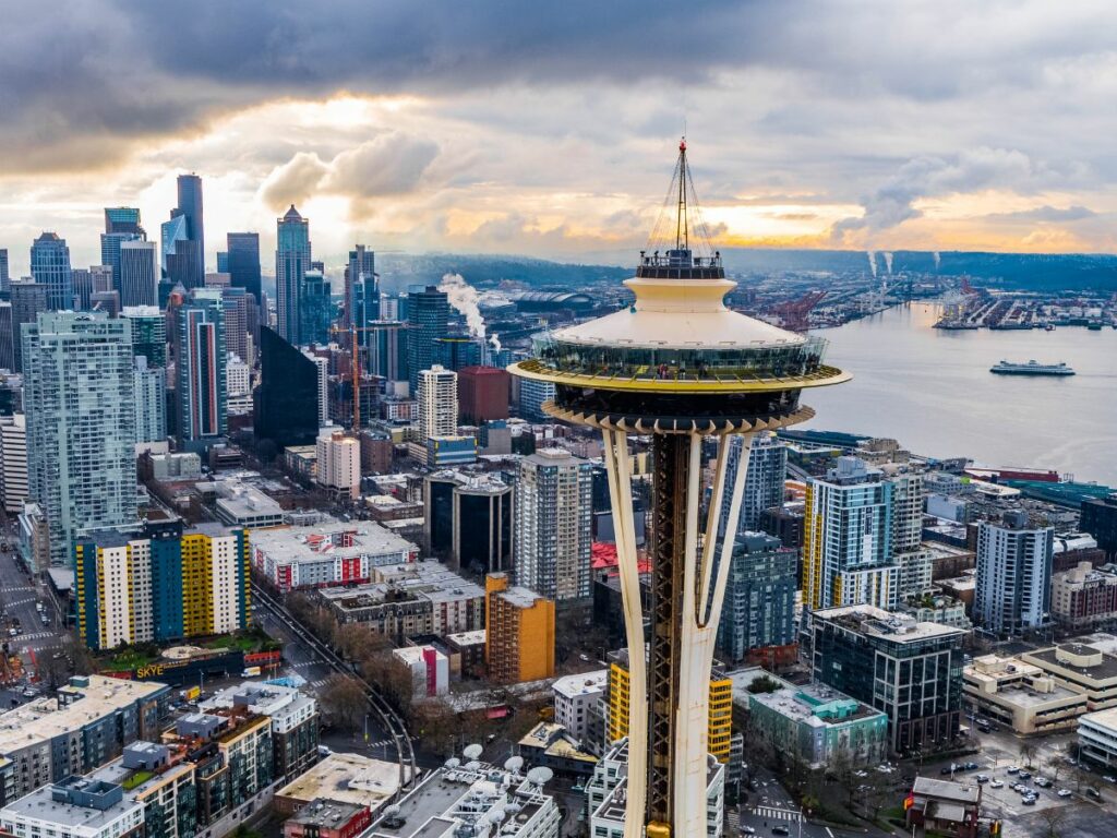 seattle skyline on a cloudy day with the space needle front and center