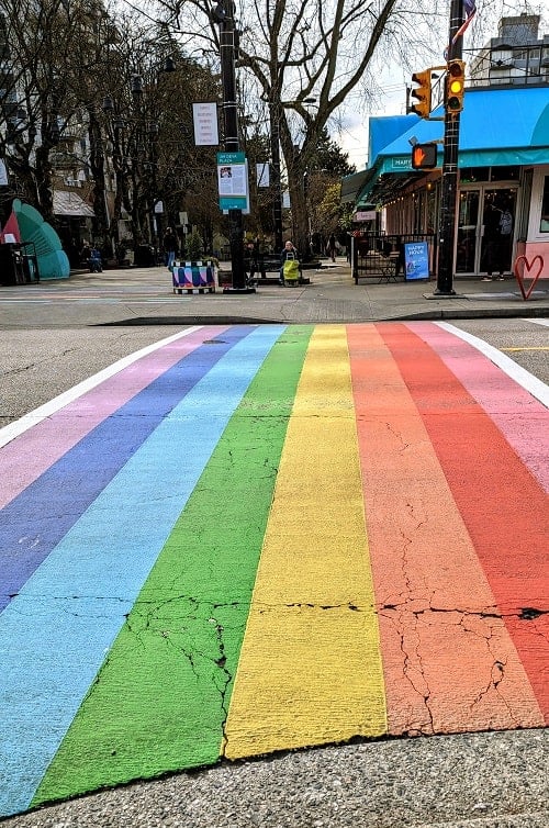 rainbow crosswalk in davie street in vancouver