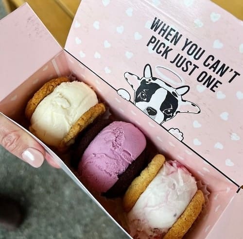 a pink rectangle box with three vegan ice cream cookie sandwiches from innocent ice cream in vancouver