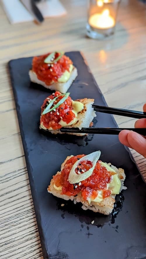 vegan crispy tuna sushi rolls from mila in vancover 