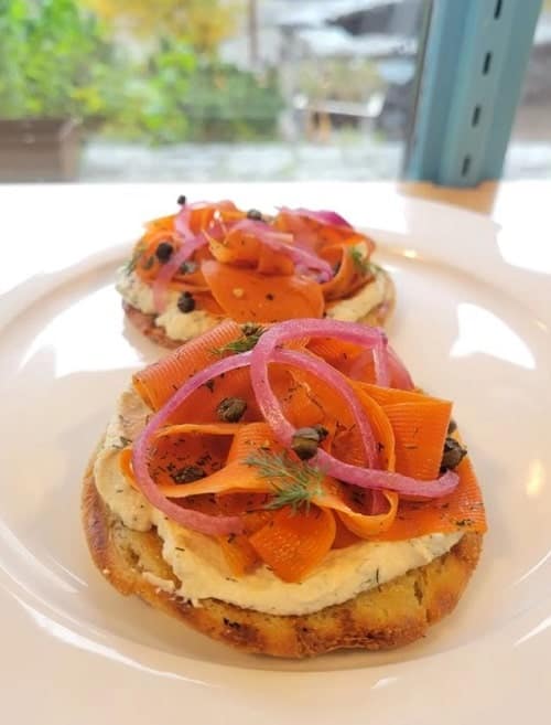vegan carrot lox breakfast sandwich at the naked sprout in whistler