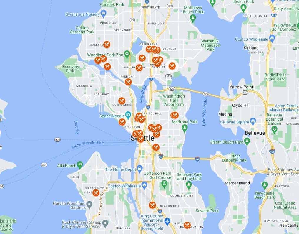 google map with all of the vegan and vegetarian restaurants in seattle marked
