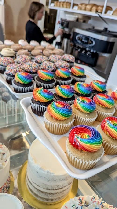 a tray of mini vegan cupcakes topped with rainbow buttercream at to live for bakery in vancouver