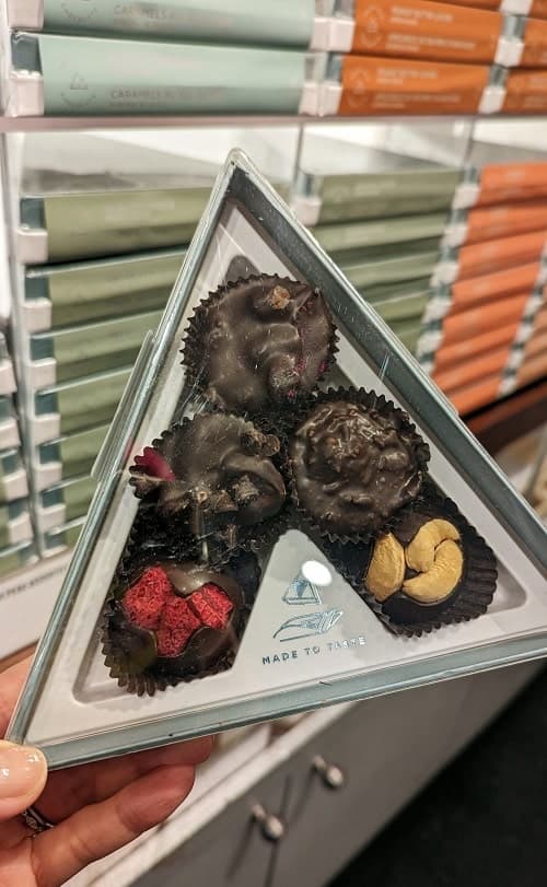 a box of five dark vegan chocolates from rocky mountain chocolate in whistler