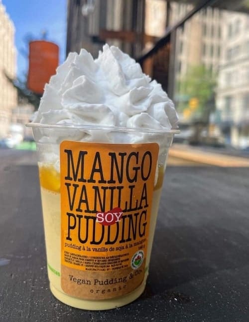 a cup of vegan mango vanilla pudding topped with a large mound of whipped cream from vegan pudding and co in vancouver