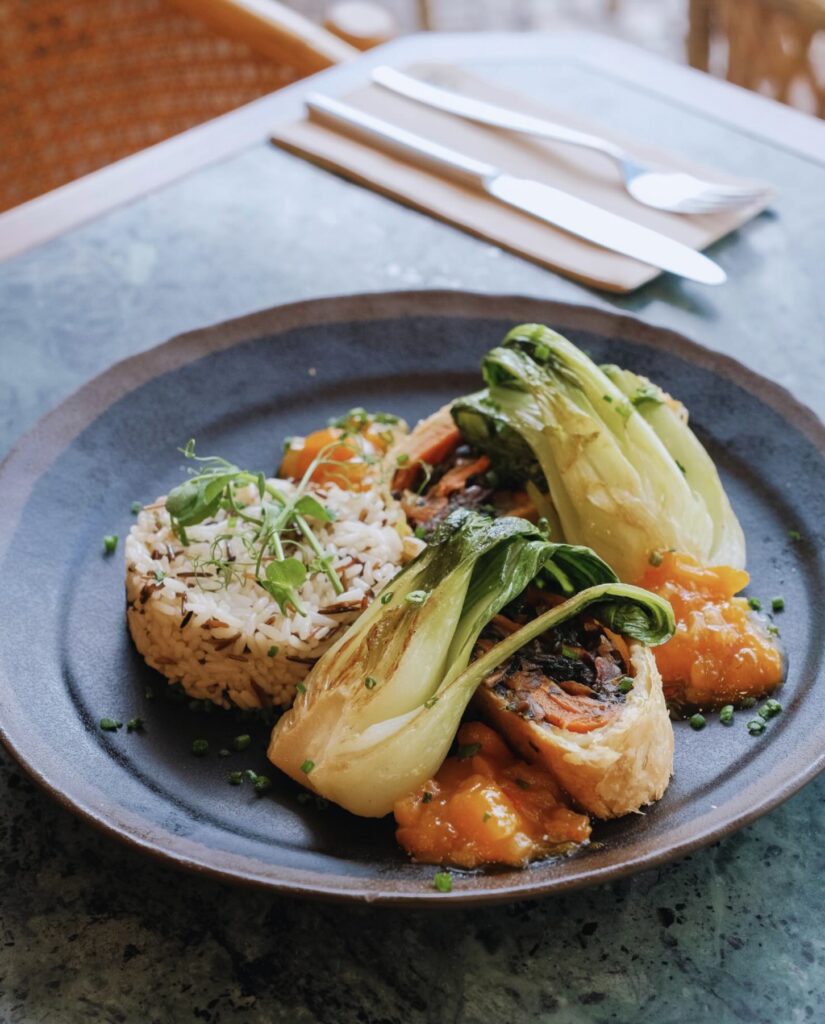 Mushroom and sweet potato wellington with a side of rice and bok choy/
