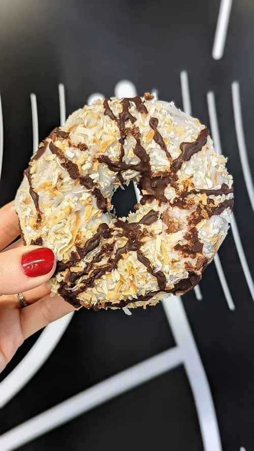 vegan chocolate coconut macaron donut from level 5 bakery in madison