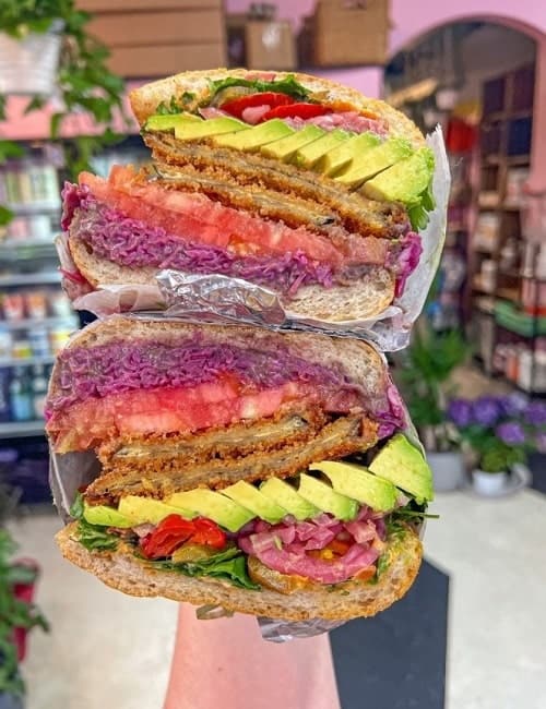 colorful vegan torta Milanesa sandwich from guevara's in brooklyn