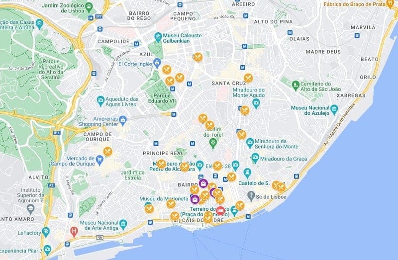 map of lisbon, portugal with all of the vegan restaurants and shops saved 