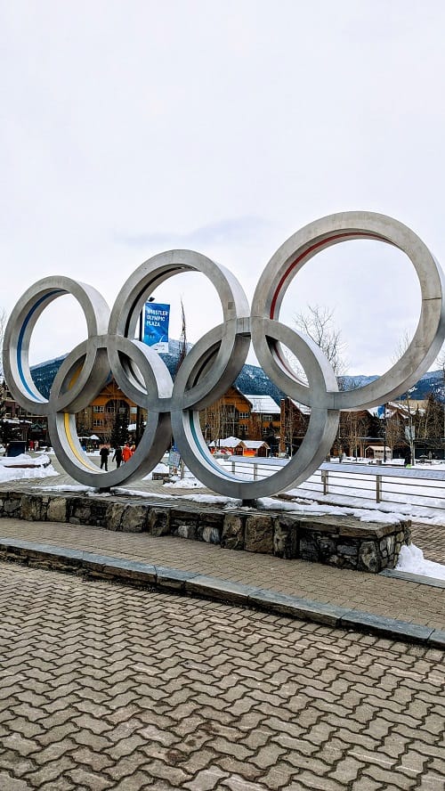 the large silver olympic rings in the middle of whistler village in British columbia vancouver day trip