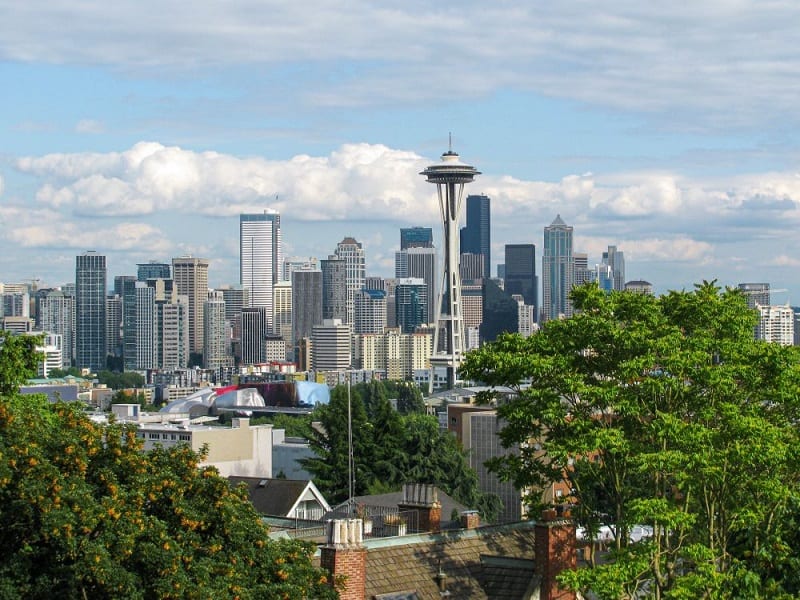 the seattle skyline including the space needle on a sunny day in seattle 