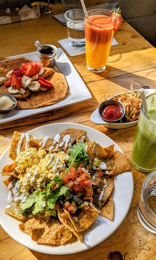 vegan chilaquiles and pancakes at sage plant based bistro in LA