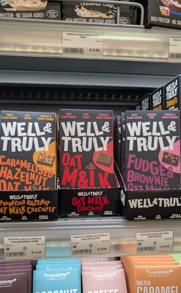three vegan chocolate bars displayed in the vegan friendly market celerio in lisbon