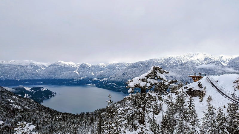 views of the howe sound from the sea to sky summit during the winter in british columbia on a vancouver day trip