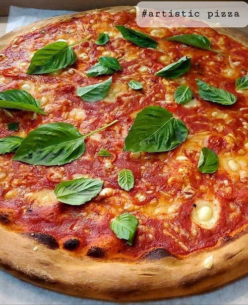 a round vegan pizza covered in marinara, tomato sauce, and basil from artistic pizza in nyc