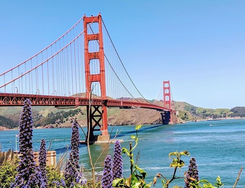 famous golden gate bridge in San Francisco on a bright and sunny day
