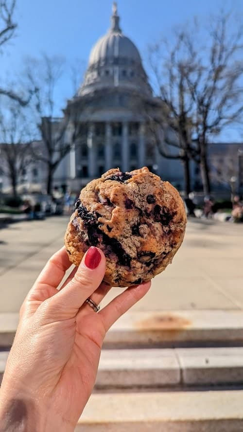 vegan scone held in front of madison capitol at the farmers market