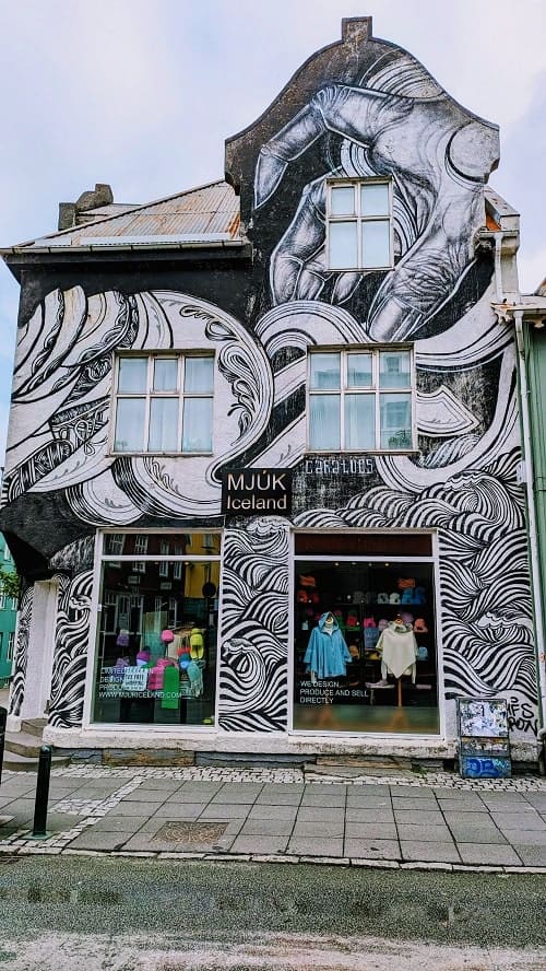 black and white artistic mural house in downtown Reykjavik 