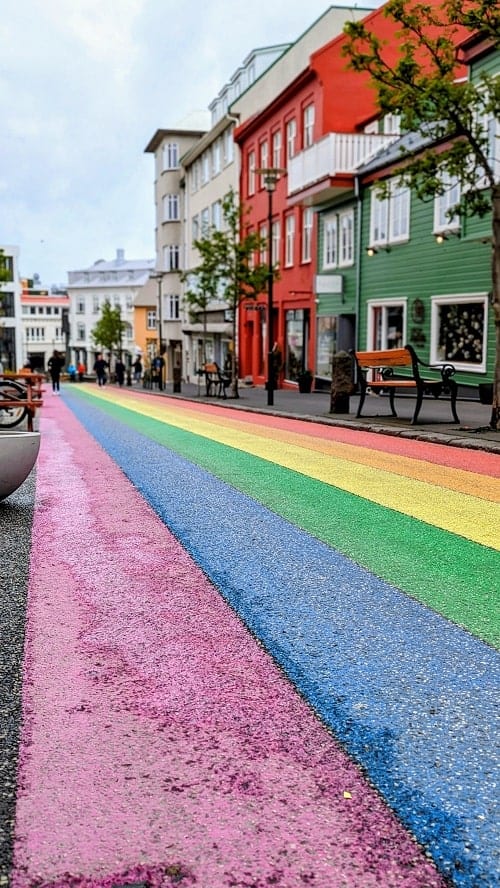 brightly painted rainbow road in Reykjavik 