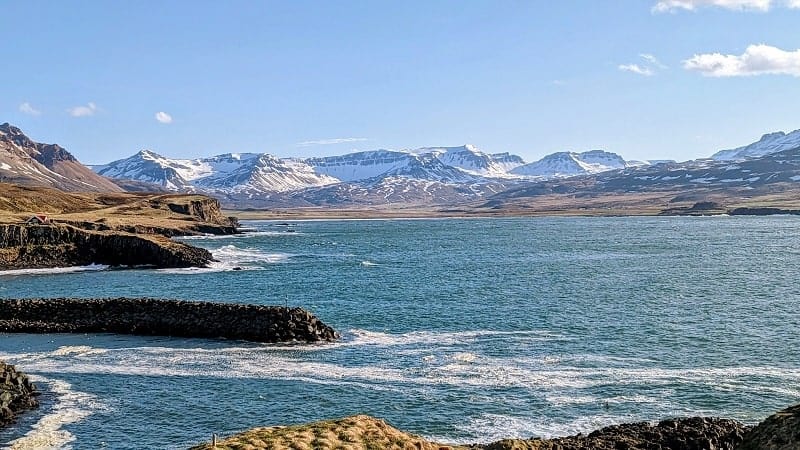 mountain and fjord views from the puffin marina in Bakkagerði, Iceland on a g adventures tour