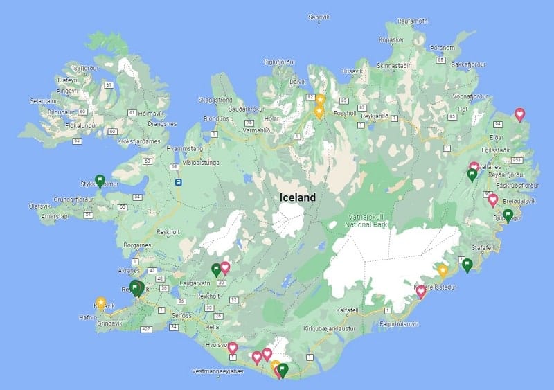 map of iceland with all of the vegan, vegetarian, and vegan-friendly restaurants marked