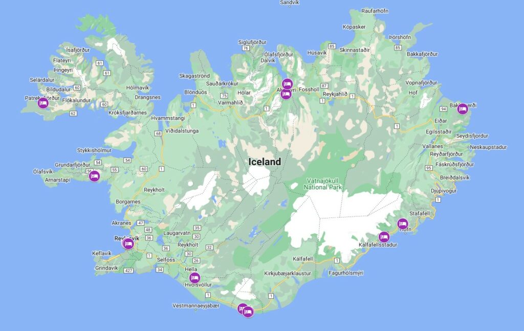 google map of iceland with vegan-friendly hotels pin pointed throughout the country