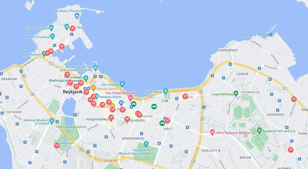 a google map of reykjavik iceland that shows all of the vegan restaurants 