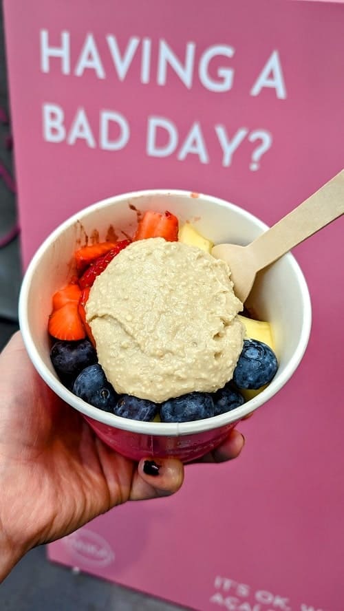 vegan acai bowl topped with cashew butter at the Keflavik Airport