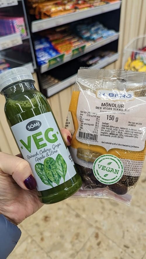 vegan chocolate and a green juice at a gas station stop in iceland