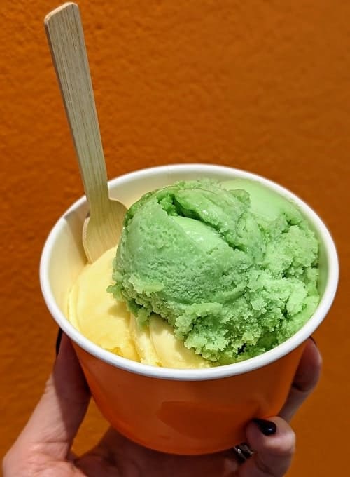 a scoop of green lime sorbet and yellow passion fruit sorbet in a cup in front of an orange wall in akureyri iceland
