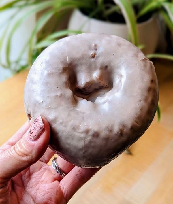 single vegan cake donut covered in a white chai glaze from blue star donuts in los Angeles 