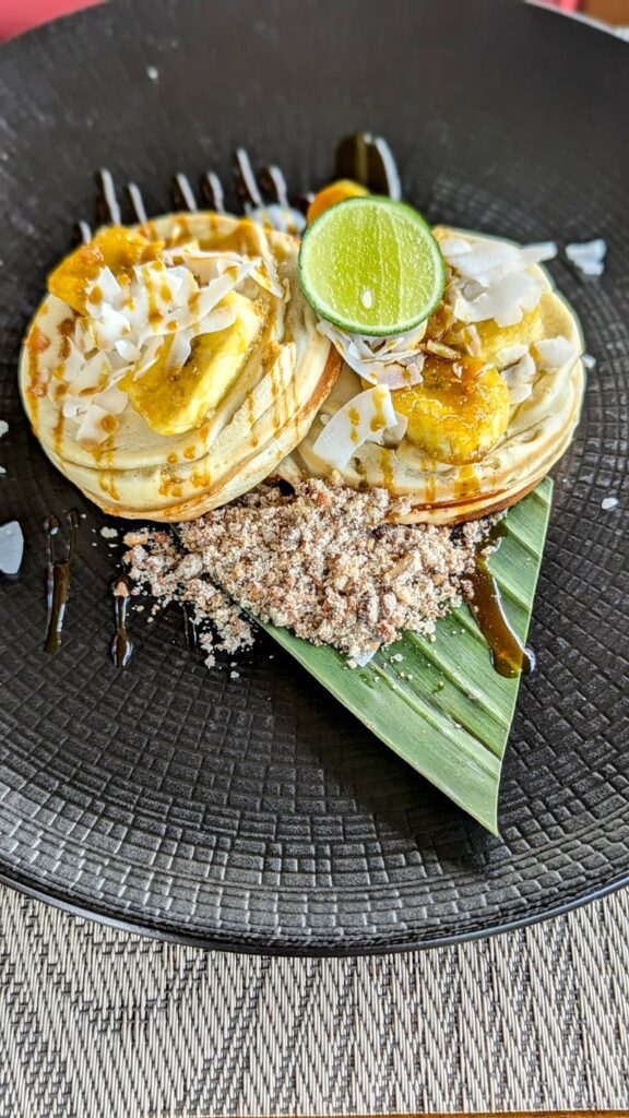 two small vegan pancakes topped with lime and sugar syrup in sidemen bali