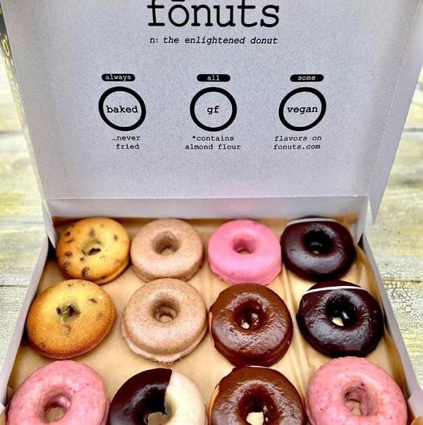 a box of colorful gluten free donuts with vegan options from fonuts in LA