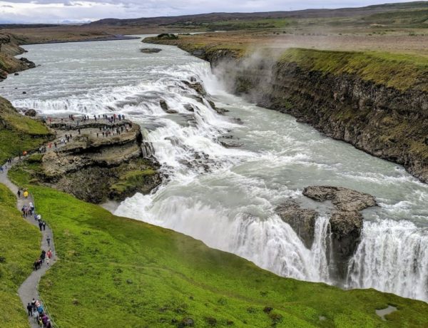 overhead view of the gulfoss waterfall on icelands golden circle tour