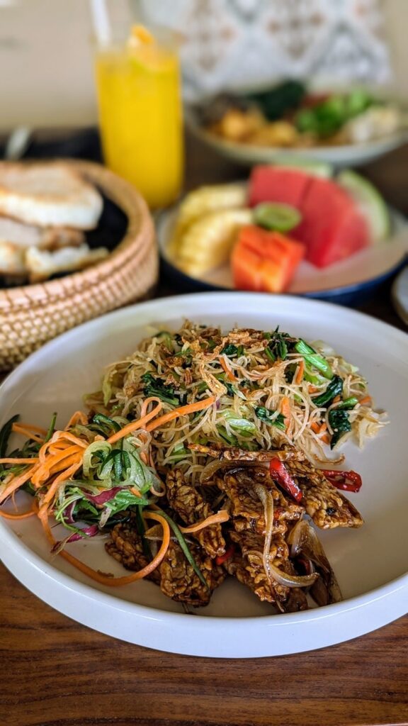 up close shot of a vegan Balinese noodle dish with tempeh at wapa di ume