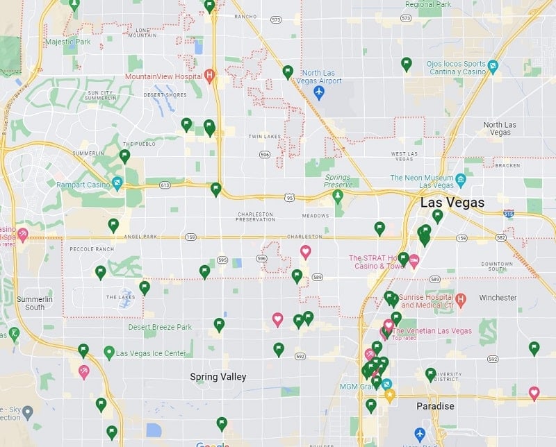 map of las vegas showing many of the vegan and vegan friendly restaurants and shops