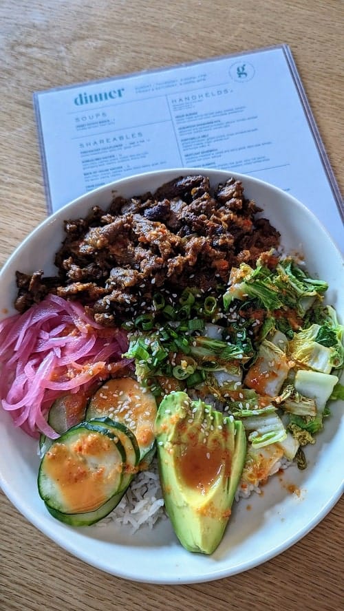 korean bbq bowl with avocado, soy curls, onions and veggies at graze kitchen in las vegas