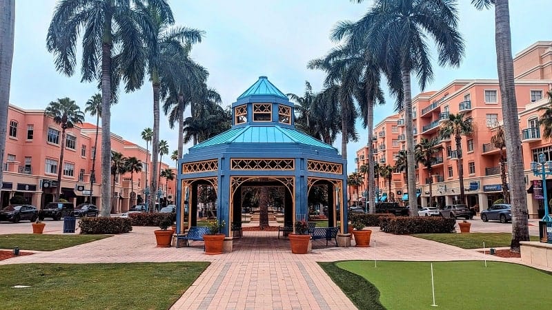 colorful mizner park gazebo surrounded by palm trees in boca raton