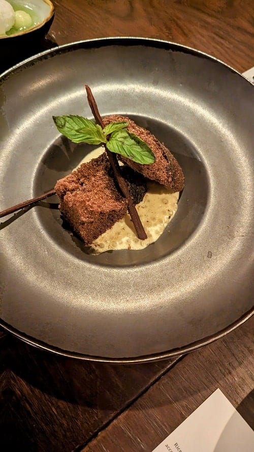 a dark bowl filled with two pieces of vegan chocolate cake in a cream sauce at the palmaia resort in playa del carmen