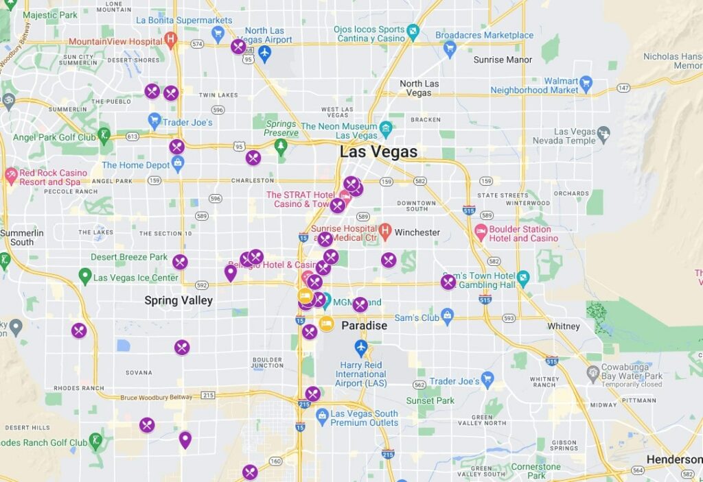 google map of las vegas with all of the vegan and vegan friendly restaurants marked 