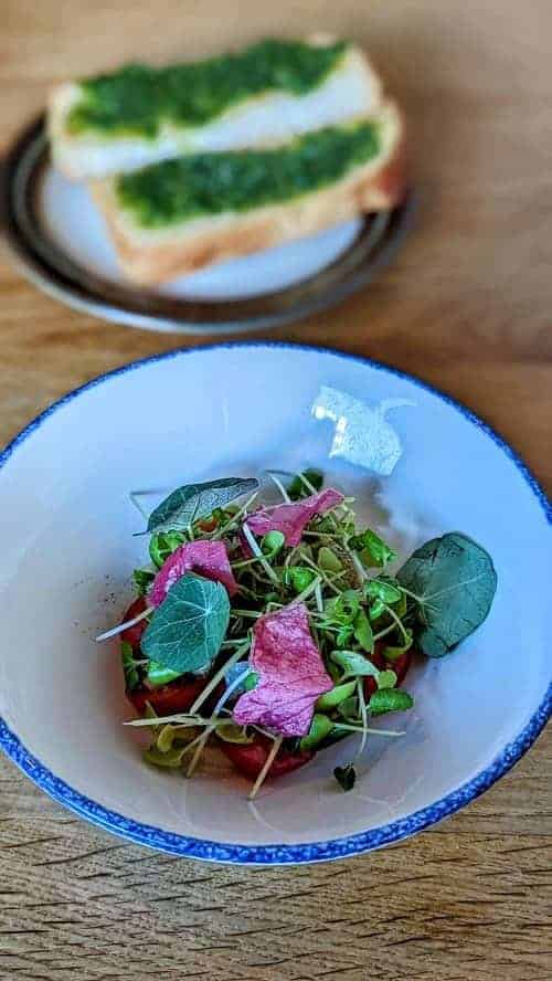 colorful vegan salad next to toast covered in pesto at the vegan restaurant bistro lupa in copenhagen