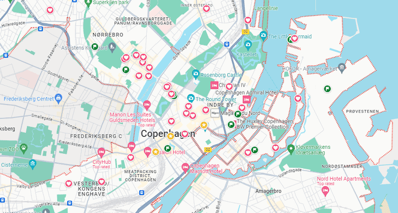 map outlining all of the vegan restaurants, cafes, and bakeries in copenhagen 