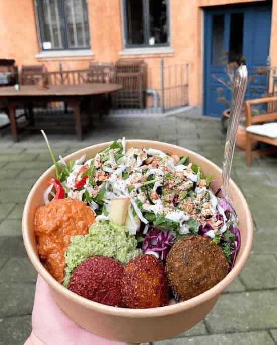 falafel bowl filled with salad, hummus and sauce from falafel factory in copenhagen